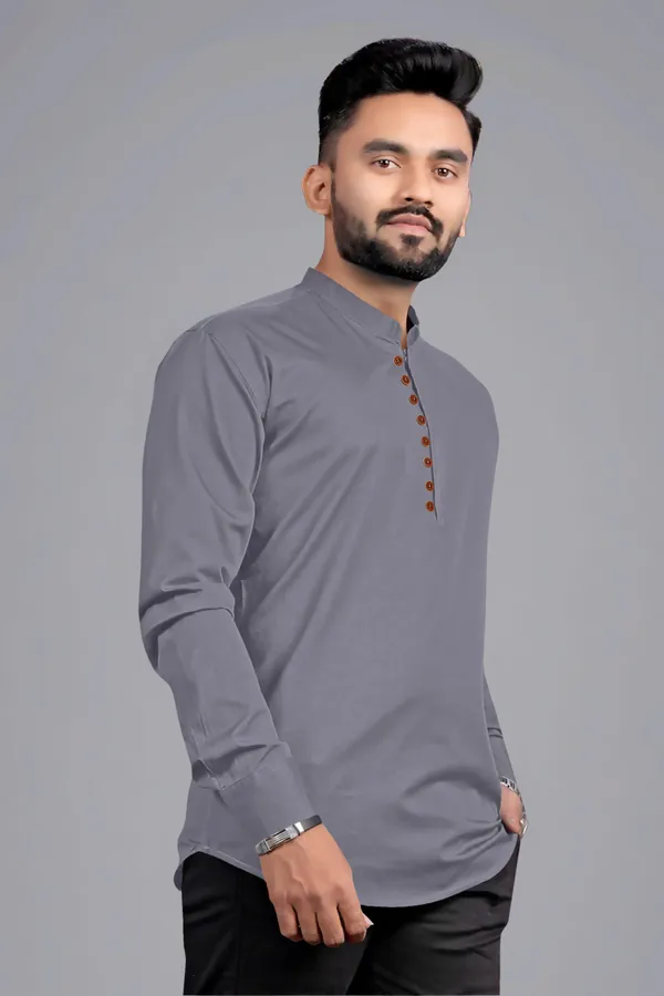Grey_Cotton_Blend_Mandarin|Chinese_Neck_Full_Sleeve_Hip_Length_Solid_Shirt_Style_Straight_Kurta_For_Men