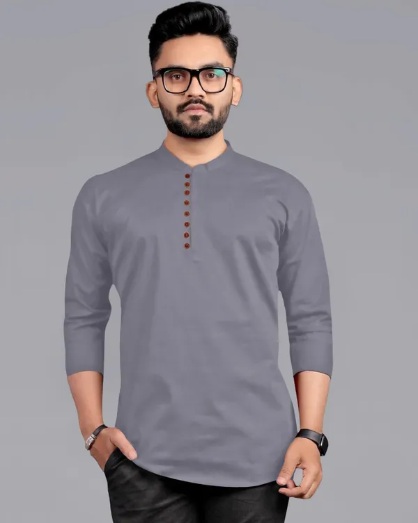 Grey_Cotton_Blend_Mandarin|Chinese_Neck_Full_Sleeve_Hip_Length_Solid_Shirt_Style_Straight_Kurta_For_Men
