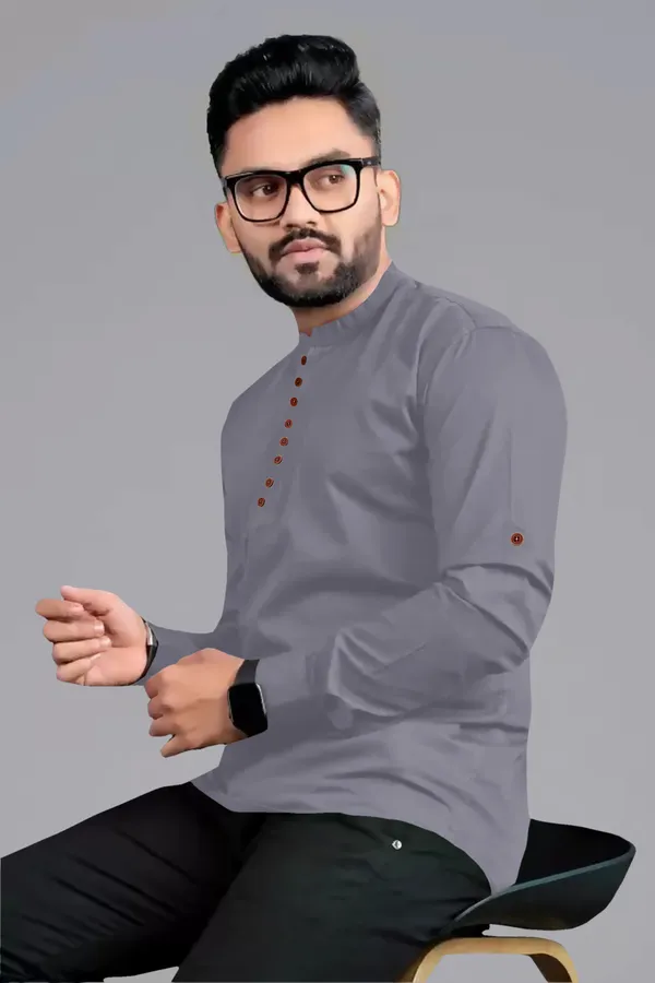Grey_Cotton_Blend_Mandarin|Chinese_Neck_Full_Sleeve_Hip_Length_Solid_Shirt_Style_Straight_Kurta_For_Men