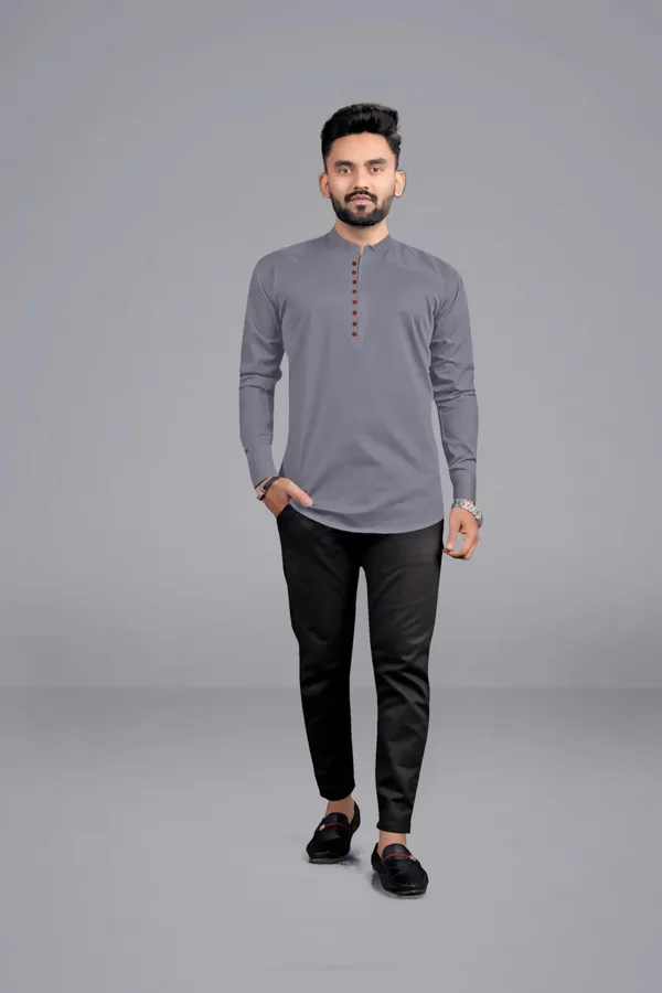Grey_Cotton_Blend_Mandarin|Chinese_Neck_Full_Sleeve_Hip_Length_Solid_Shirt_Style_Straight_Kurta_For_Men