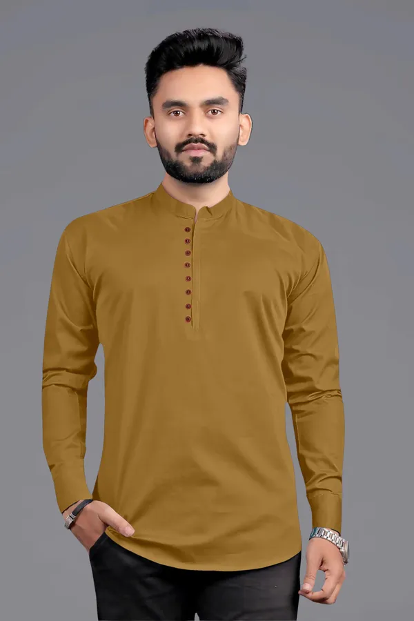 Yellow_Cotton_Blend_Mandarin|Chinese_Neck_Full_Sleeve_Hip_Length_Solid_Shirt_Style_Straight_Kurta_For_Men