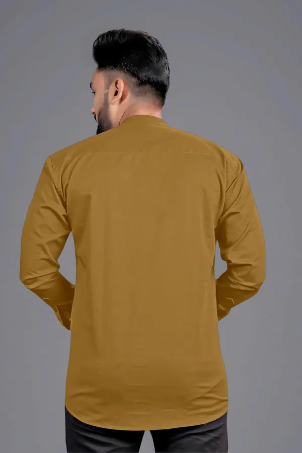 Yellow_Cotton_Blend_Mandarin|Chinese_Neck_Full_Sleeve_Hip_Length_Solid_Shirt_Style_Straight_Kurta_For_Men