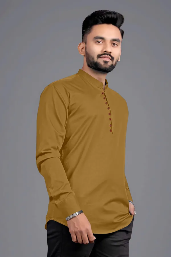 Yellow_Cotton_Blend_Mandarin|Chinese_Neck_Full_Sleeve_Hip_Length_Solid_Shirt_Style_Straight_Kurta_For_Men