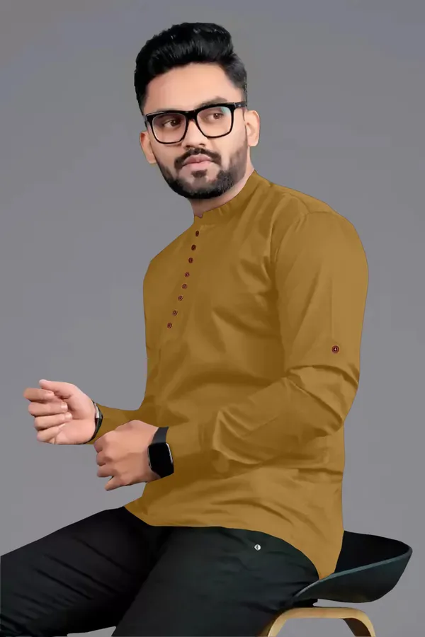 Yellow_Cotton_Blend_Mandarin|Chinese_Neck_Full_Sleeve_Hip_Length_Solid_Shirt_Style_Straight_Kurta_For_Men