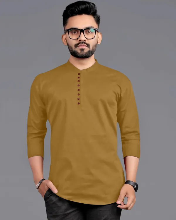 Yellow_Cotton_Blend_Mandarin|Chinese_Neck_Full_Sleeve_Hip_Length_Solid_Shirt_Style_Straight_Kurta_For_Men
