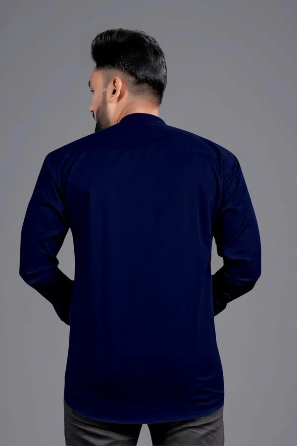 Dark_Blue_Cotton_Blend_Mandarin|Chinese_Neck_Full_Sleeve_Hip_Length_Solid_Shirt_Style_Straight_Kurta_For_Men