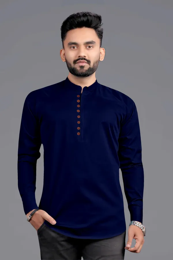 Dark_Blue_Cotton_Blend_Mandarin|Chinese_Neck_Full_Sleeve_Hip_Length_Solid_Shirt_Style_Straight_Kurta_For_Men