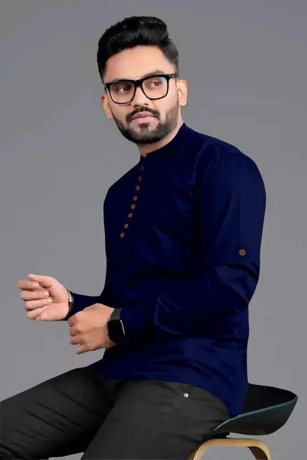 Dark_Blue_Cotton_Blend_Mandarin|Chinese_Neck_Full_Sleeve_Hip_Length_Solid_Shirt_Style_Straight_Kurta_For_Men