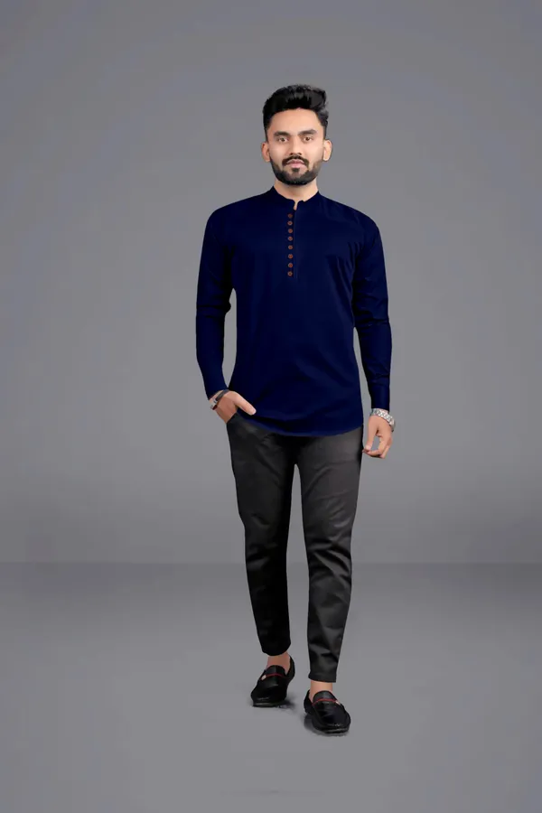 Dark_Blue_Cotton_Blend_Mandarin|Chinese_Neck_Full_Sleeve_Hip_Length_Solid_Shirt_Style_Straight_Kurta_For_Men