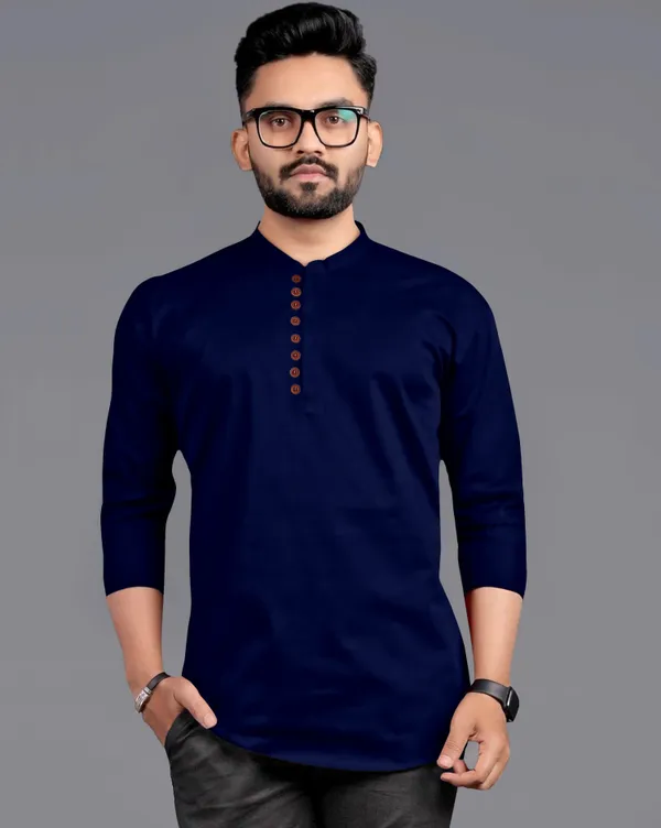Dark_Blue_Cotton_Blend_Mandarin|Chinese_Neck_Full_Sleeve_Hip_Length_Solid_Shirt_Style_Straight_Kurta_For_Men