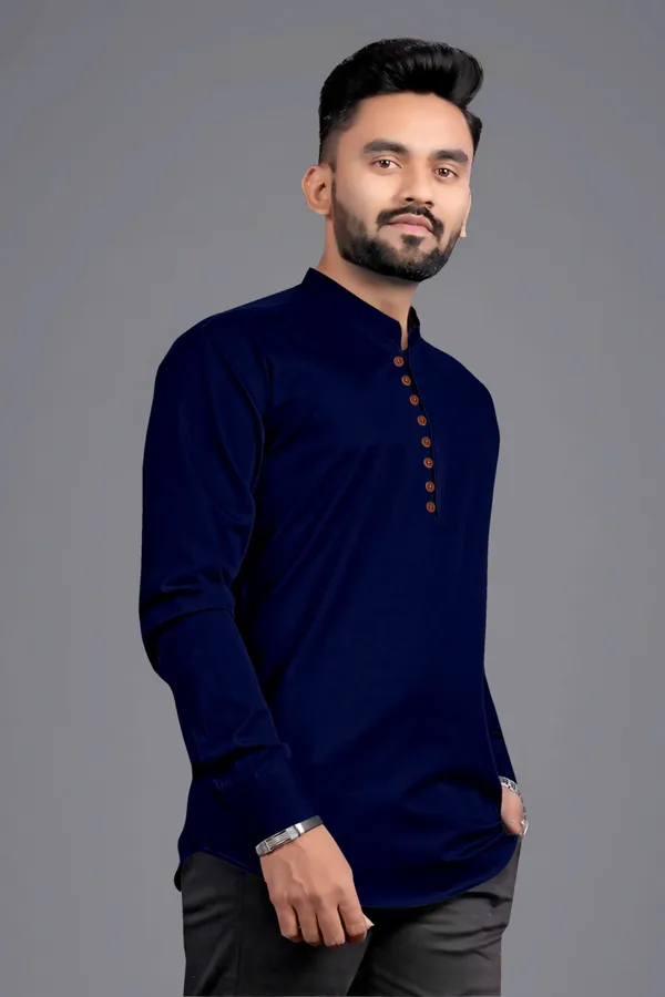 Dark_Blue_Cotton_Blend_Mandarin|Chinese_Neck_Full_Sleeve_Hip_Length_Solid_Shirt_Style_Straight_Kurta_For_Men