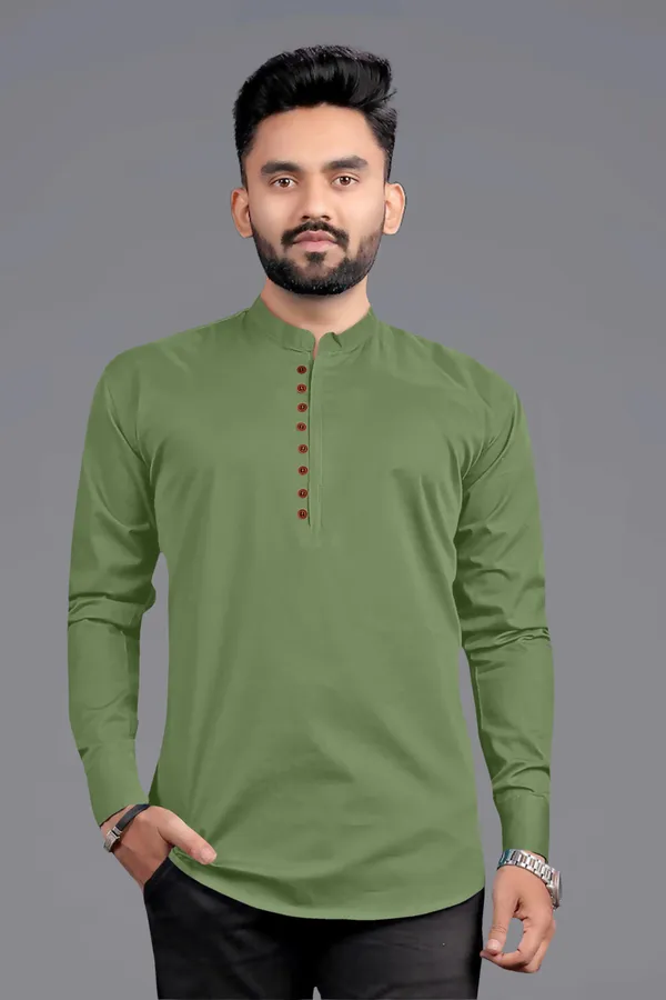 Light_Green_Cotton_Blend_Mandarin/Chinese_Neck_Full_Sleeve_Short_Solid_Shirt_Style_Straight_Kurta_For_Men