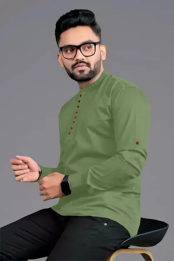 Light_Green_Cotton_Blend_Mandarin/Chinese_Neck_Full_Sleeve_Short_Solid_Shirt_Style_Straight_Kurta_For_Men