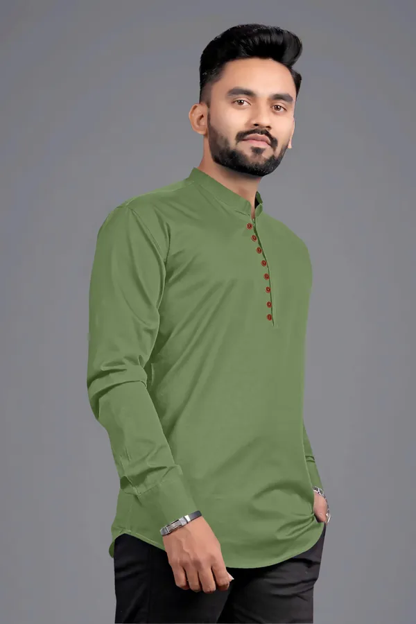Light_Green_Cotton_Blend_Mandarin/Chinese_Neck_Full_Sleeve_Short_Solid_Shirt_Style_Straight_Kurta_For_Men