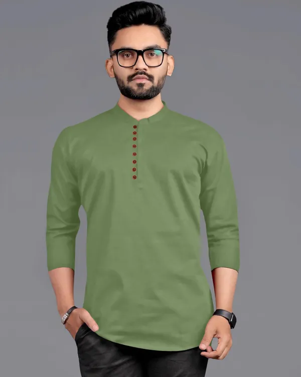 Light_Green_Cotton_Blend_Mandarin/Chinese_Neck_Full_Sleeve_Short_Solid_Shirt_Style_Straight_Kurta_For_Men