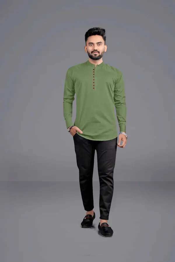 Light_Green_Cotton_Blend_Mandarin/Chinese_Neck_Full_Sleeve_Short_Solid_Shirt_Style_Straight_Kurta_For_Men
