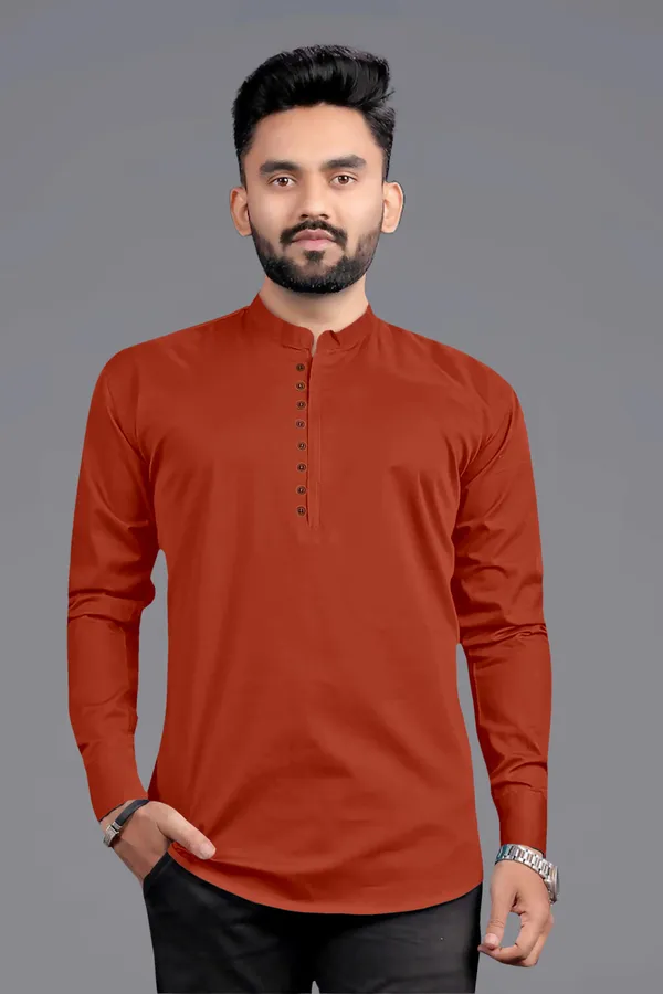 Maroon_Cotton_Blend_Mandarin|Chinese_Neck_Full_Sleeve_Hip_Length_Solid_Shirt_Style_Straight_Kurta_For_Men