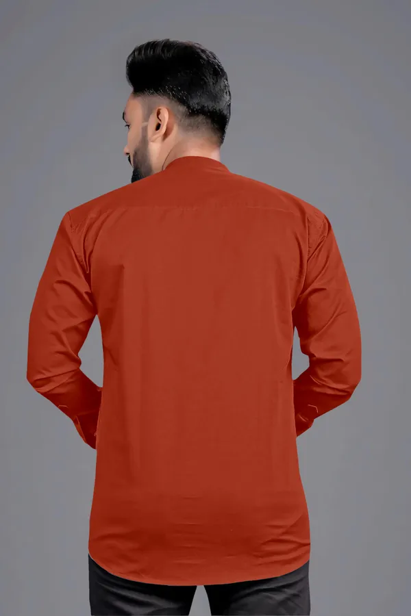 Maroon_Cotton_Blend_Mandarin|Chinese_Neck_Full_Sleeve_Hip_Length_Solid_Shirt_Style_Straight_Kurta_For_Men