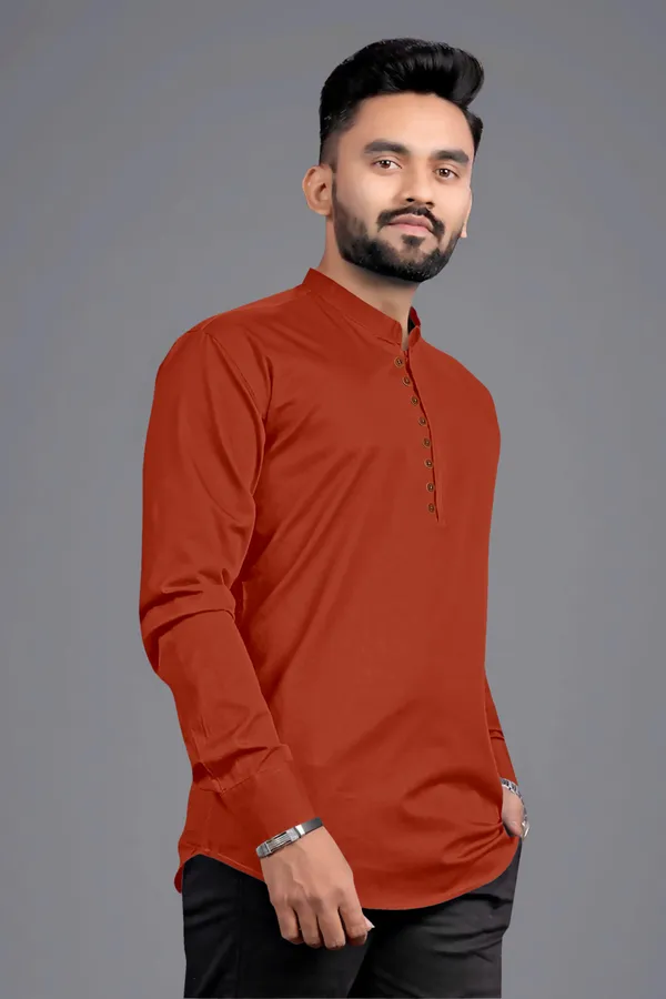 Maroon_Cotton_Blend_Mandarin|Chinese_Neck_Full_Sleeve_Hip_Length_Solid_Shirt_Style_Straight_Kurta_For_Men