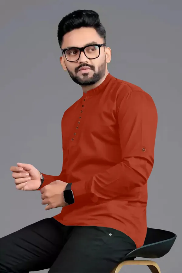 Maroon_Cotton_Blend_Mandarin|Chinese_Neck_Full_Sleeve_Hip_Length_Solid_Shirt_Style_Straight_Kurta_For_Men