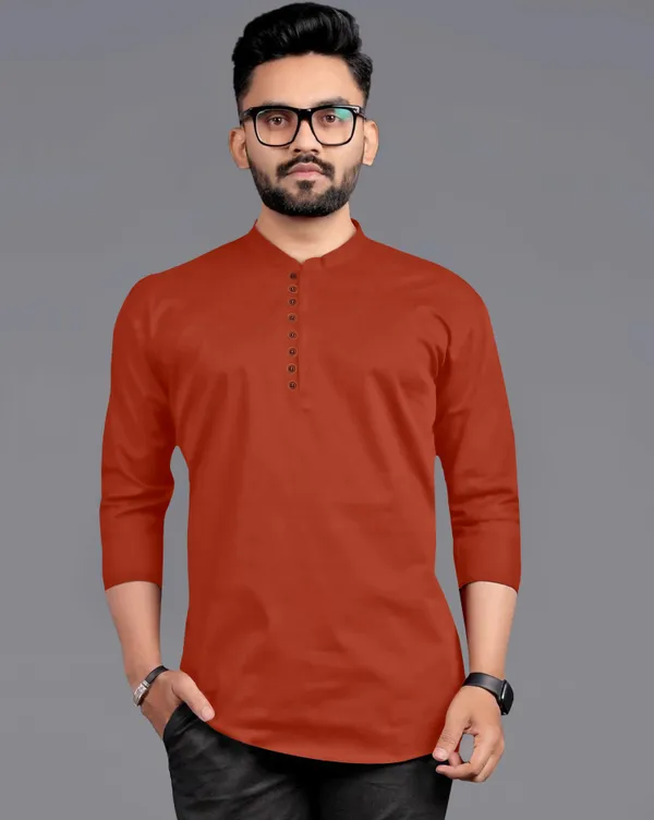 Maroon_Cotton_Blend_Mandarin|Chinese_Neck_Full_Sleeve_Hip_Length_Solid_Shirt_Style_Straight_Kurta_For_Men