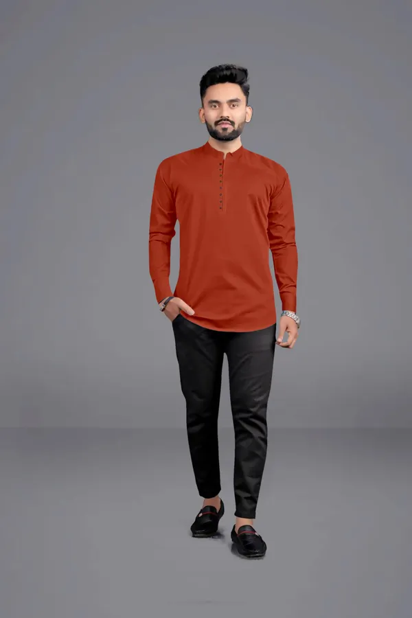Maroon_Cotton_Blend_Mandarin|Chinese_Neck_Full_Sleeve_Hip_Length_Solid_Shirt_Style_Straight_Kurta_For_Men