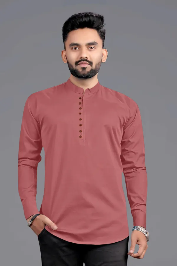 Pink_Cotton_Blend_Mandarin|Chinese_Neck_Full_Sleeve_Hip_Length_Solid_Shirt_Style_Straight_Kurta_For_Men