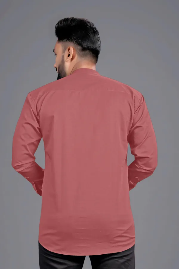 Pink_Cotton_Blend_Mandarin|Chinese_Neck_Full_Sleeve_Hip_Length_Solid_Shirt_Style_Straight_Kurta_For_Men