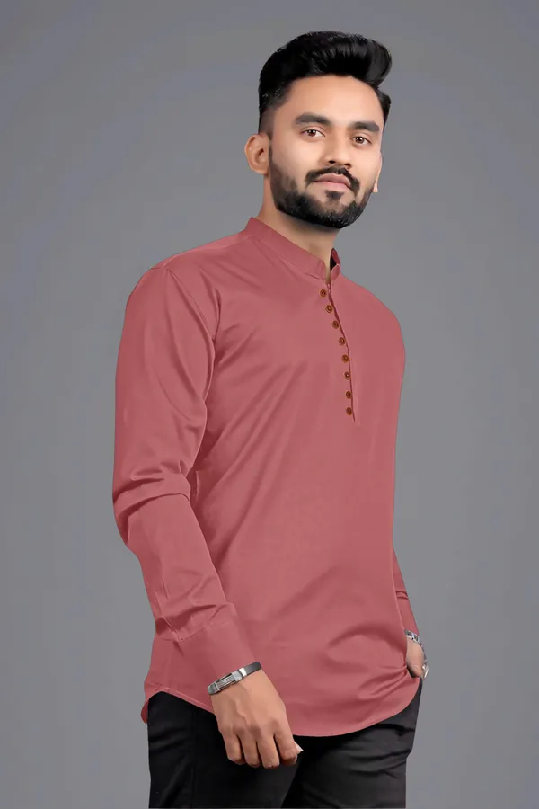 Pink_Cotton_Blend_Mandarin|Chinese_Neck_Full_Sleeve_Hip_Length_Solid_Shirt_Style_Straight_Kurta_For_Men