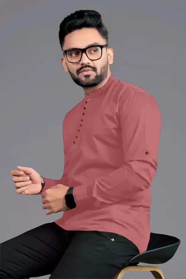Pink_Cotton_Blend_Mandarin|Chinese_Neck_Full_Sleeve_Hip_Length_Solid_Shirt_Style_Straight_Kurta_For_Men