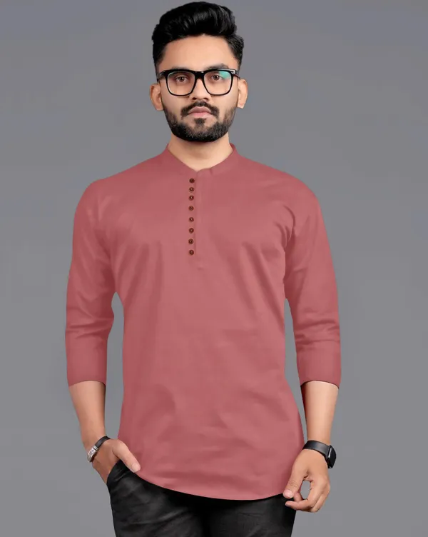 Pink_Cotton_Blend_Mandarin|Chinese_Neck_Full_Sleeve_Hip_Length_Solid_Shirt_Style_Straight_Kurta_For_Men