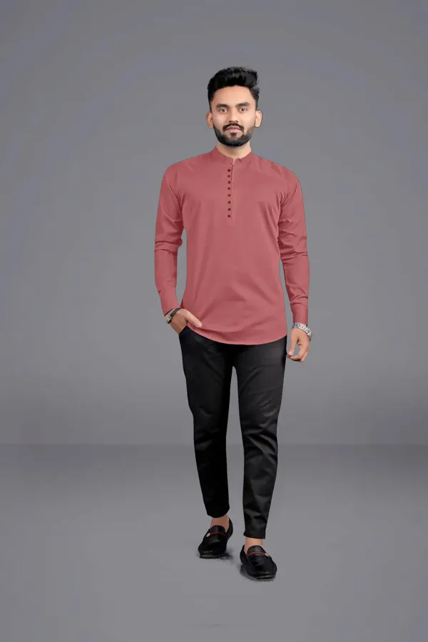 Pink_Cotton_Blend_Mandarin|Chinese_Neck_Full_Sleeve_Hip_Length_Solid_Shirt_Style_Straight_Kurta_For_Men