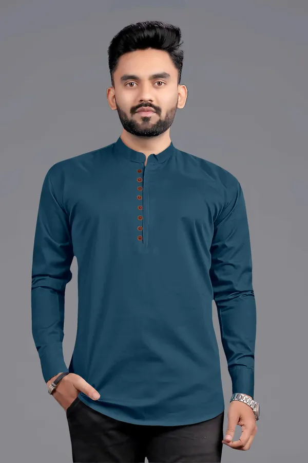 Blue_Cotton_Blend_Mandarin|Chinese_Neck_Full_Sleeve_Short_Solid_Shirt_Style_Straight_Kurta_For_Men