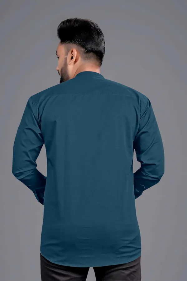 Blue_Cotton_Blend_Mandarin|Chinese_Neck_Full_Sleeve_Short_Solid_Shirt_Style_Straight_Kurta_For_Men