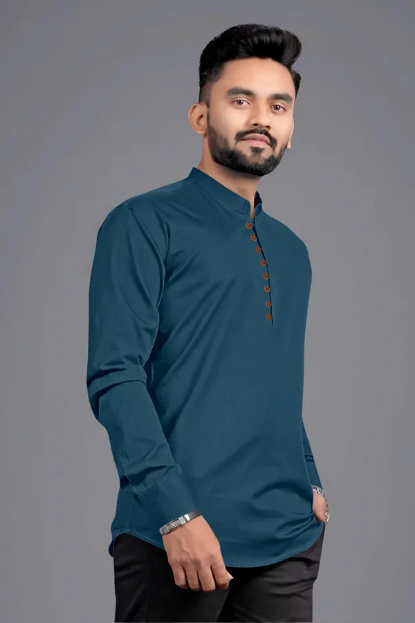 Blue_Cotton_Blend_Mandarin|Chinese_Neck_Full_Sleeve_Short_Solid_Shirt_Style_Straight_Kurta_For_Men