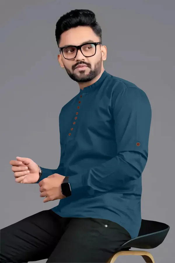 Blue_Cotton_Blend_Mandarin|Chinese_Neck_Full_Sleeve_Short_Solid_Shirt_Style_Straight_Kurta_For_Men