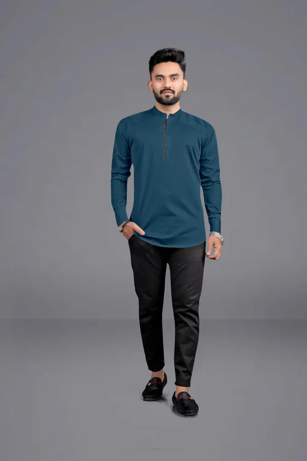 Blue_Cotton_Blend_Mandarin|Chinese_Neck_Full_Sleeve_Short_Solid_Shirt_Style_Straight_Kurta_For_Men