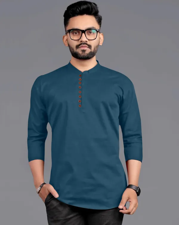 Blue_Cotton_Blend_Mandarin|Chinese_Neck_Full_Sleeve_Short_Solid_Shirt_Style_Straight_Kurta_For_Men