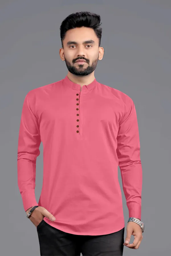 Pink_Cotton_Blend_Mandarin|Chinese_Neck_Full_Sleeve_Hip_Length_Solid_Shirt_Style_Straight_Kurta_For_Men