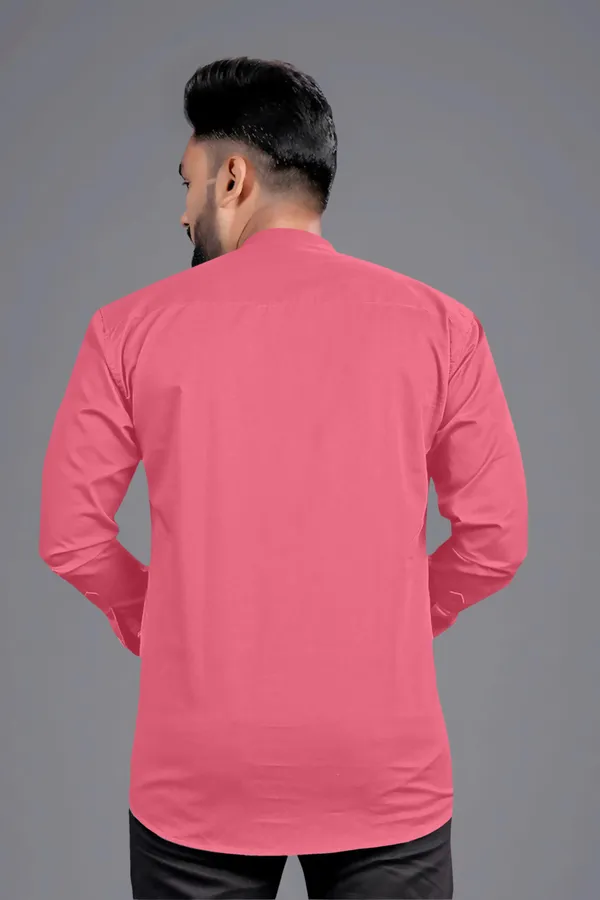 Pink_Cotton_Blend_Mandarin|Chinese_Neck_Full_Sleeve_Hip_Length_Solid_Shirt_Style_Straight_Kurta_For_Men