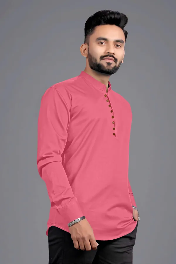 Pink_Cotton_Blend_Mandarin|Chinese_Neck_Full_Sleeve_Hip_Length_Solid_Shirt_Style_Straight_Kurta_For_Men