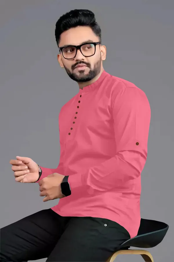 Pink_Cotton_Blend_Mandarin|Chinese_Neck_Full_Sleeve_Hip_Length_Solid_Shirt_Style_Straight_Kurta_For_Men