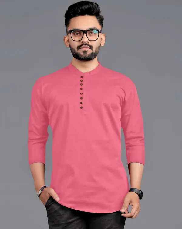 Pink_Cotton_Blend_Mandarin|Chinese_Neck_Full_Sleeve_Hip_Length_Solid_Shirt_Style_Straight_Kurta_For_Men