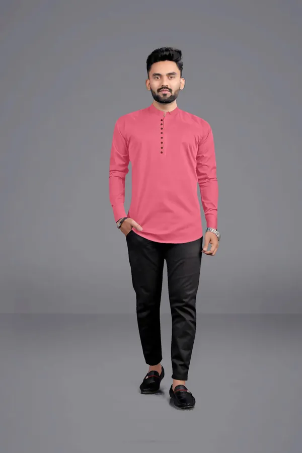 Pink_Cotton_Blend_Mandarin|Chinese_Neck_Full_Sleeve_Hip_Length_Solid_Shirt_Style_Straight_Kurta_For_Men