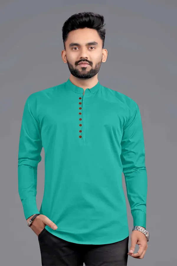 Green_Cotton_Blend_Mandarin|Chinese_Neck_Full_Sleeve_Short_Solid_Shirt_Style_Straight_Kurta_For_Men