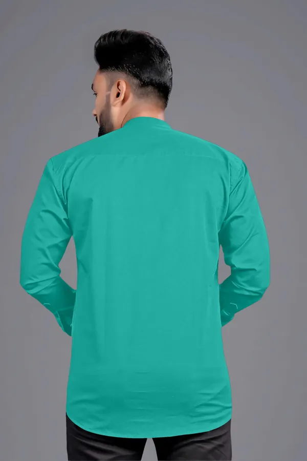 Green_Cotton_Blend_Mandarin|Chinese_Neck_Full_Sleeve_Short_Solid_Shirt_Style_Straight_Kurta_For_Men