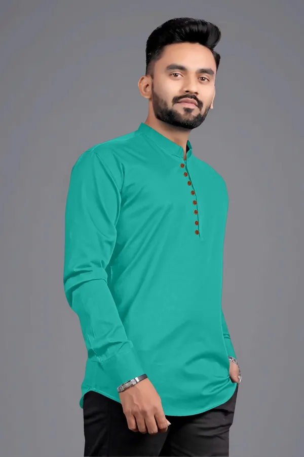 Green_Cotton_Blend_Mandarin|Chinese_Neck_Full_Sleeve_Short_Solid_Shirt_Style_Straight_Kurta_For_Men