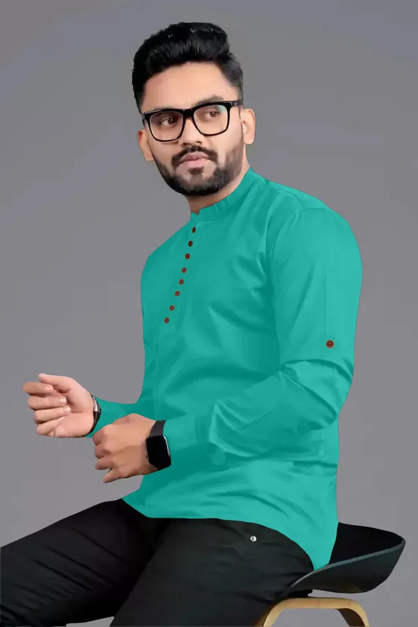 Green_Cotton_Blend_Mandarin|Chinese_Neck_Full_Sleeve_Short_Solid_Shirt_Style_Straight_Kurta_For_Men