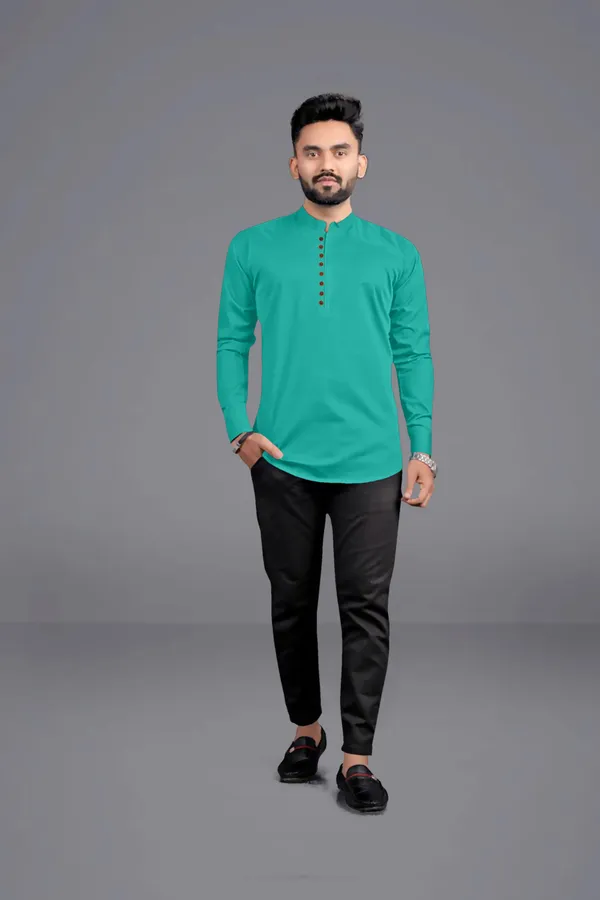 Green_Cotton_Blend_Mandarin|Chinese_Neck_Full_Sleeve_Short_Solid_Shirt_Style_Straight_Kurta_For_Men