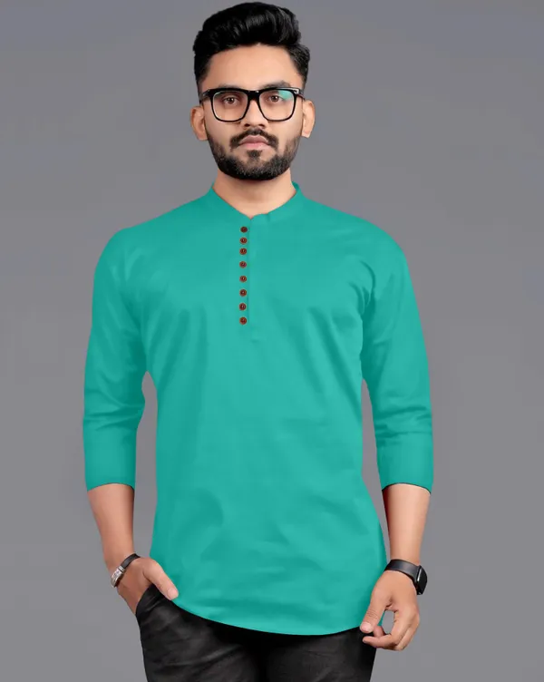 Green_Cotton_Blend_Mandarin|Chinese_Neck_Full_Sleeve_Short_Solid_Shirt_Style_Straight_Kurta_For_Men